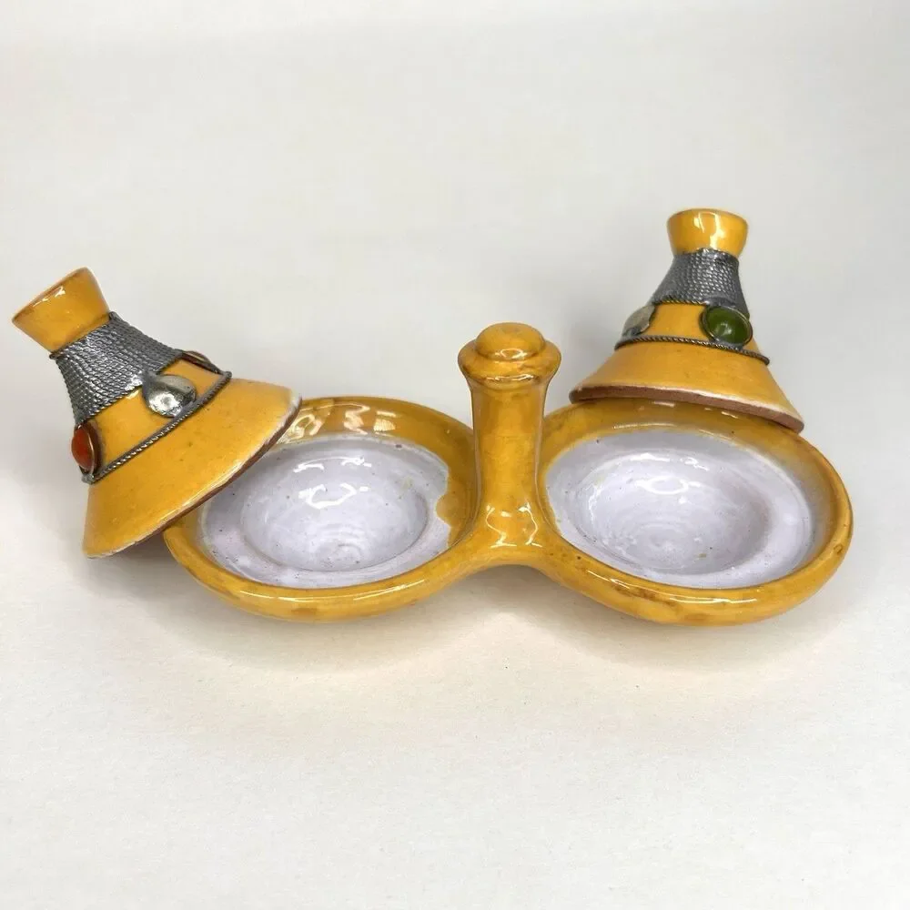Yellow Ceramic Moroccan Mini Tagine Spice and Condiment Holder with Jewels